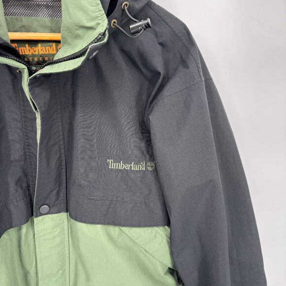 Timberland Weathergear Ski Jacket Mens Medium Green Black Nylon Hood Pockets - Picture 4 of 12